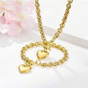 Gold Heart Bracelet Necklace Set